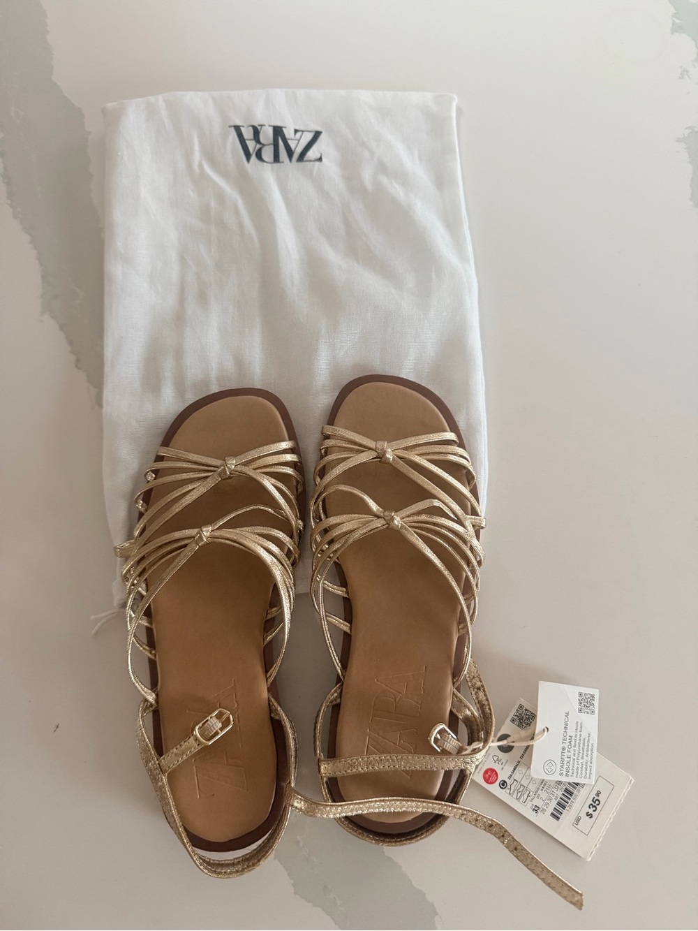 ZARA Metallic Gold Strappy Flat Sandals kids size 2